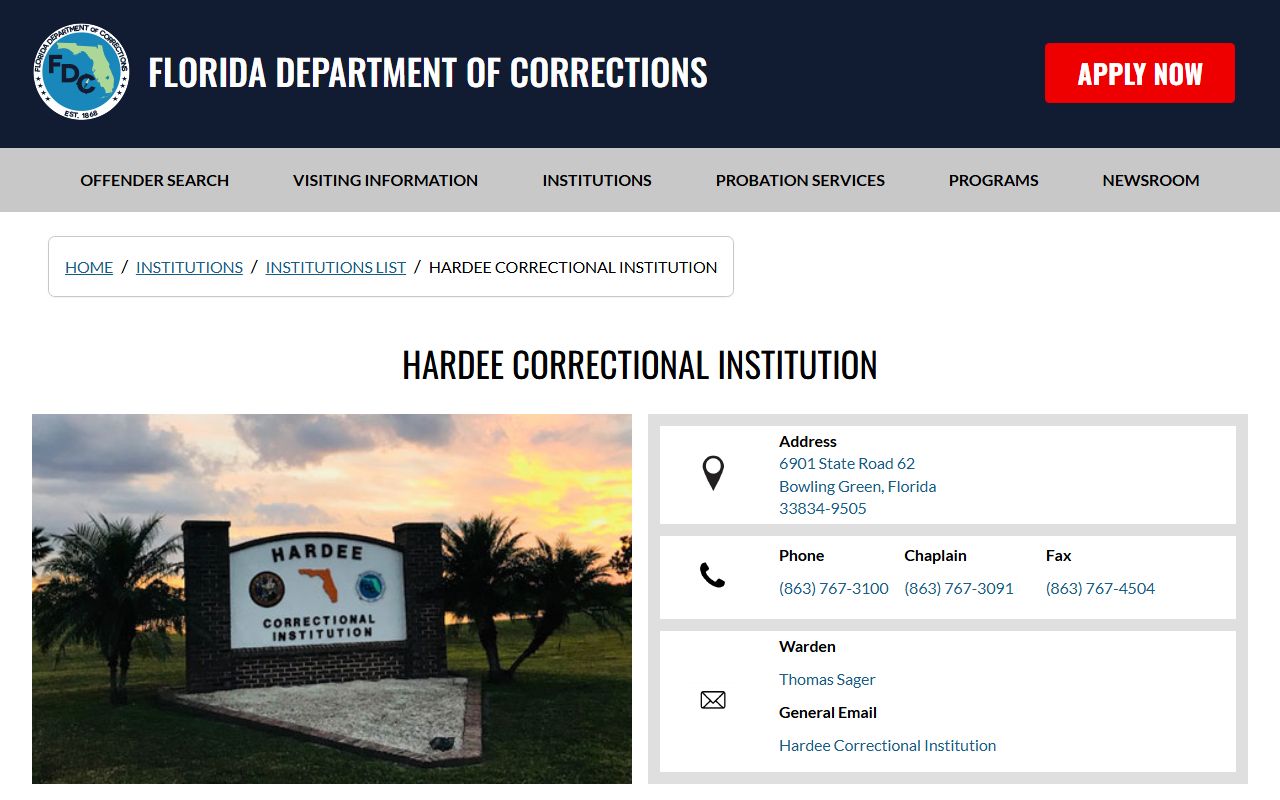 Florida Department of Corrections page for Hardee Correctional Institution with capacity and warden