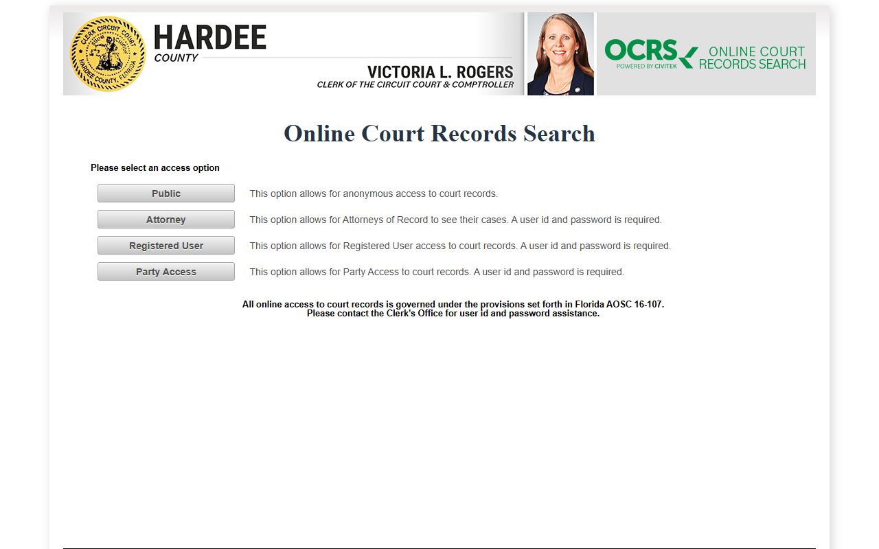 Hardee County OCRS court records portal showing public and registered access options