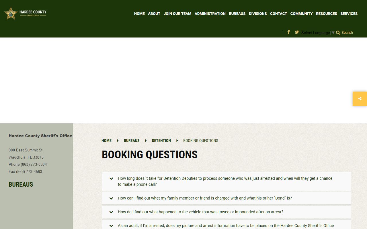 Hardee County booking FAQ stating adult arrest photos and information are public