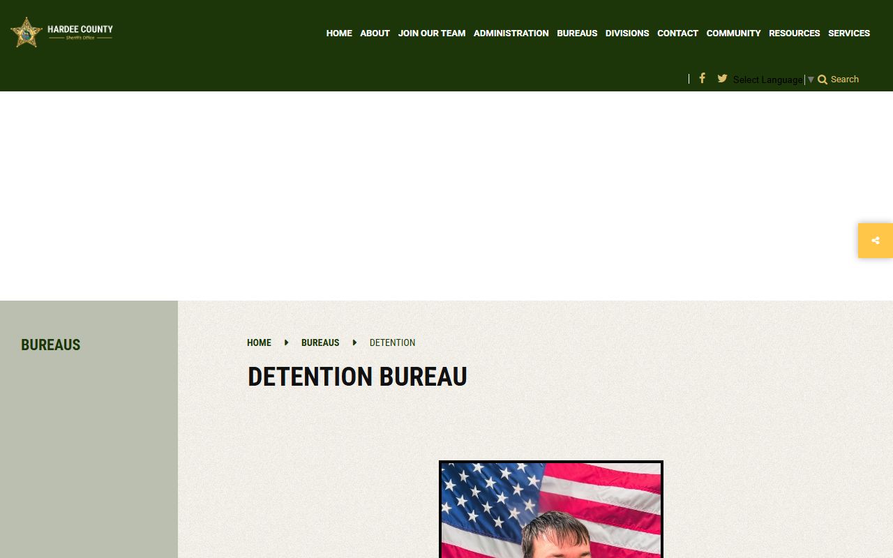 Hardee County Detention Facility bureau page with commander and 24/7 operation details