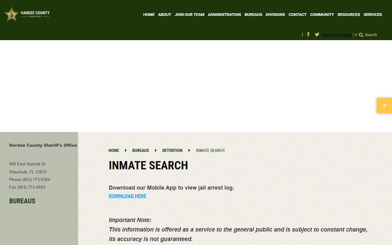 Hardee County inmate search page routing the jail arrest log to the mobile app