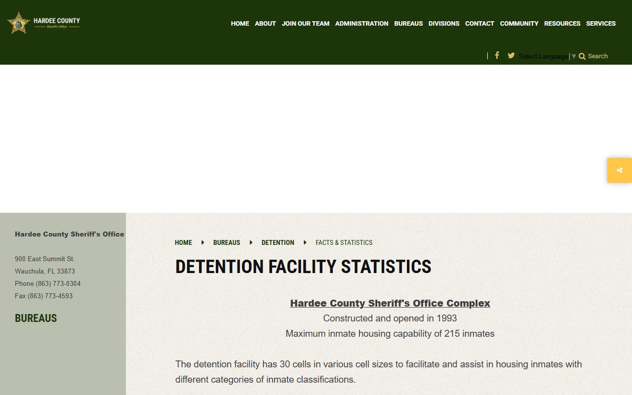 Hardee County jail facts page showing inmate population capacity and cell layout