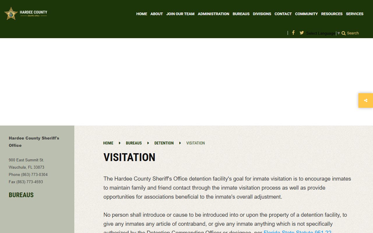 Hardee County jail video visitation page with Securus registration steps