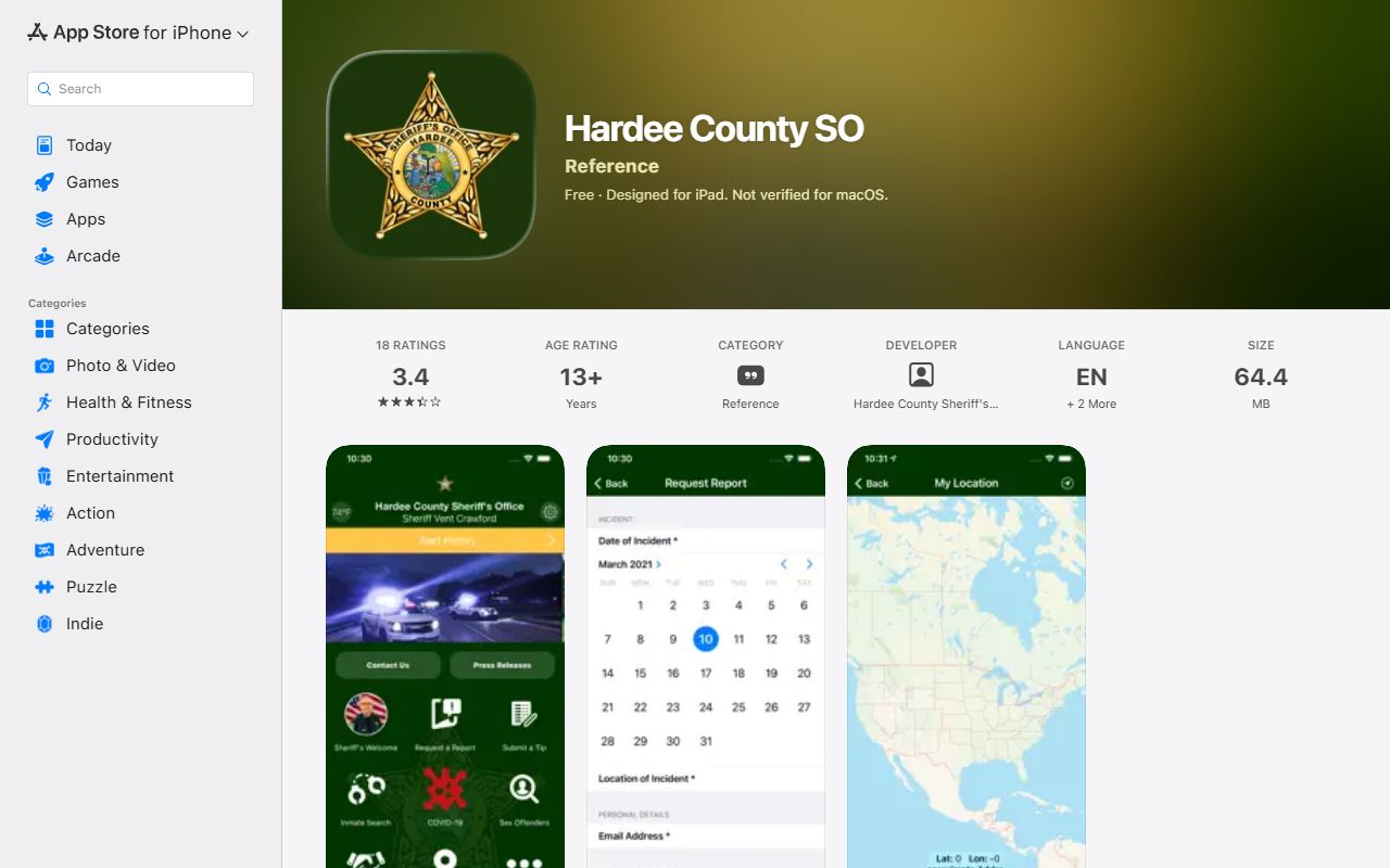 Hardee County SO app listing used for the jail arrest log inmate search